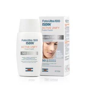 Isdin Foto Ultra 100 Active Unify protector solar solar fluido con triple acción despigmentante que aclara y unifica el tono de la piel.
