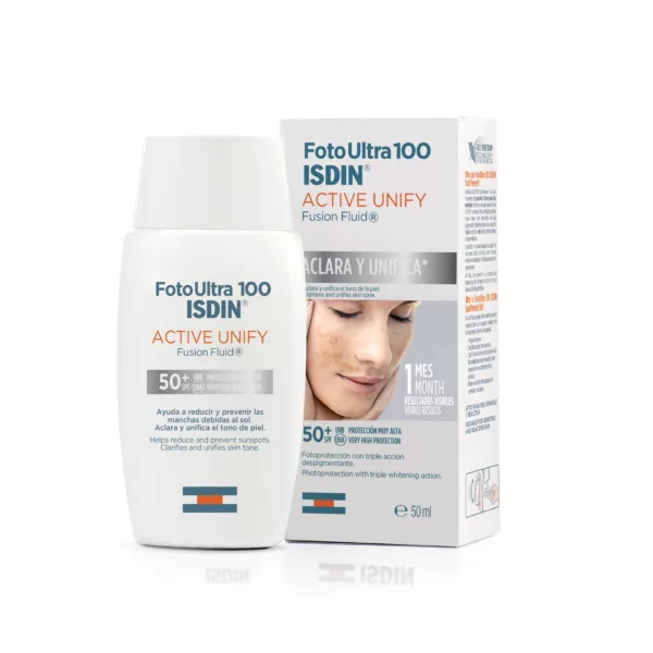 Isdin Foto Ultra 100 Active Unify protector solar solar fluido con triple acción despigmentante que aclara y unifica el tono de la piel.