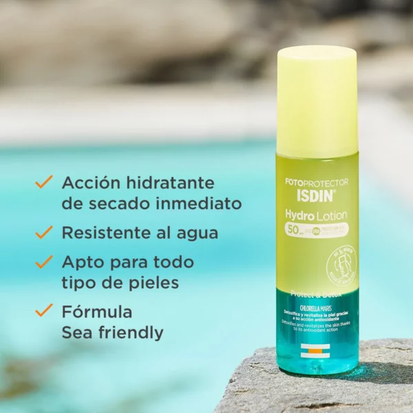 Fotoprotector ISDIN HydrOLotion SPF 50+. Fotoprotector corporal bifásico hidratante de secado inmediato. Con Chlorella Maris que evita la oxidación de la piel. Alta protección UVB/UVA SPF50.