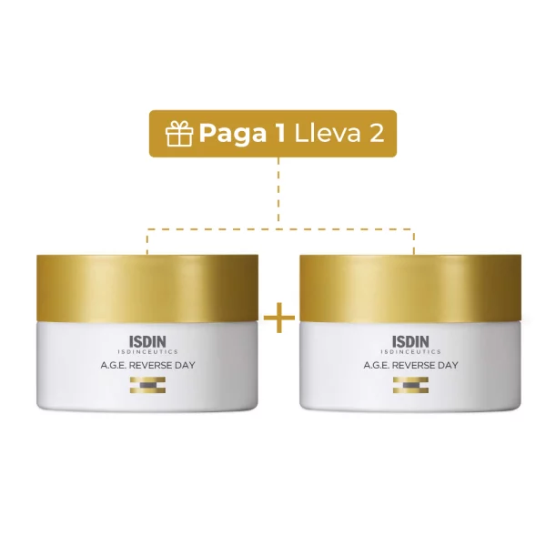 Kit Crema Facial Antiedad Isdin A.G.E Reverse Day 50 ml 2x1, dos envases blancos con tapa dorada, promoción especial disponible en Beautycalia.