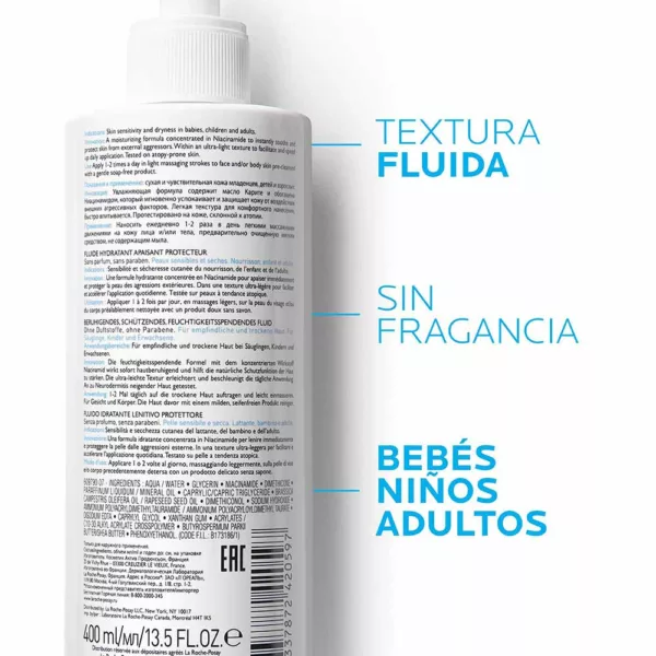 Fluido protector que calma la piel y protege la barrera cutánea de las agresiones externas. Muy ligero para una rápida aplicación, no graso ni pegajoso, se absorbe al instante. Con Agua Termal de La Roche-Posay.
