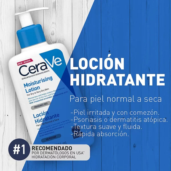 La loción hidratante corporal de Cerave, indicada para pieles normales a secas, hidrata y ayuda a restaurar la barrera protectora de la piel de rostro y cuerpo.