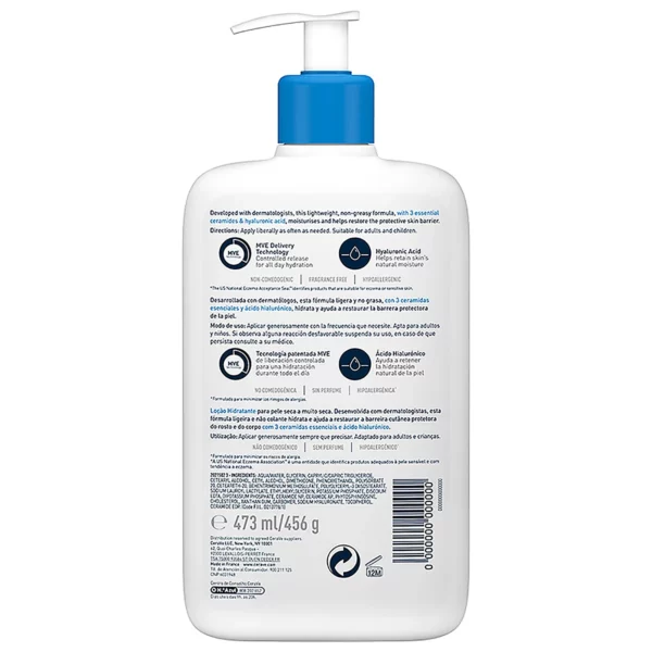 La loción hidratante corporal de Cerave, indicada para pieles normales a secas, hidrata y ayuda a restaurar la barrera protectora de la piel de rostro y cuerpo.