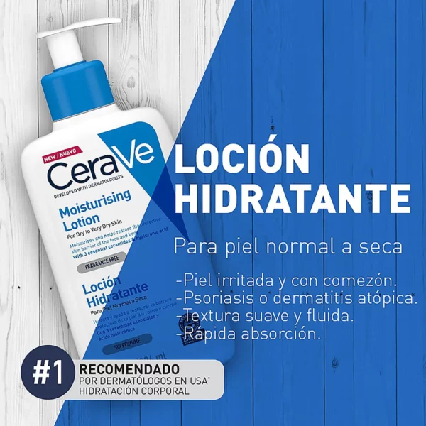 La loción hidratante corporal de Cerave, indicada para pieles normales a secas, hidrata y ayuda a restaurar la barrera protectora de la piel de rostro y cuerpo.