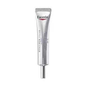 Contorno de ojos Eucerin Hyaluron-Filler SPF15 de 15ml en envase metálico, tratamiento antiedad con ácido hialurónico para líneas de expresión y protección solar UVA
