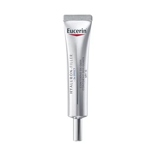 Contorno de ojos Eucerin Hyaluron-Filler SPF15 de 15ml en envase metálico, tratamiento antiedad con ácido hialurónico para líneas de expresión y protección solar UVA