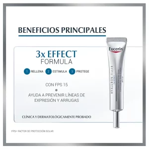 Contorno de ojos Eucerin Hyaluron-Filler 3x Effect SPF15 con beneficios para rellenar arrugas, estimular la producción de ácido hialurónico y proteger contra el envejecimiento solar