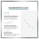 Ingredientes clave del contorno de ojos Eucerin: ácido hialurónico, glicina saponina y enoxolona para reducir arrugas, estimular hidratación y prevenir la degradación del ácido hialurónico.