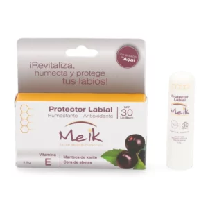 El Protector Labial Meik es un bálsamo de textura suave, para mantener los labios suaves e hidratados. Con vitamina E . Cuenta con un Factor de Protección Solar (SPF) de 30 para proteger los labios de los efectos nocivos del sol.