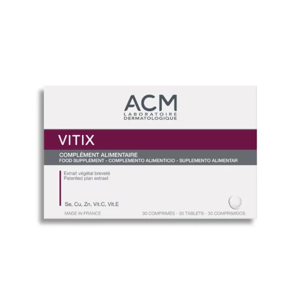 Vitix Complemento alimentario con fórmula original que combina un extracto vegetal de melón patentado, con vitaminas (C, E, B9, B12) y minerales (selenio, cobre, zinc).
