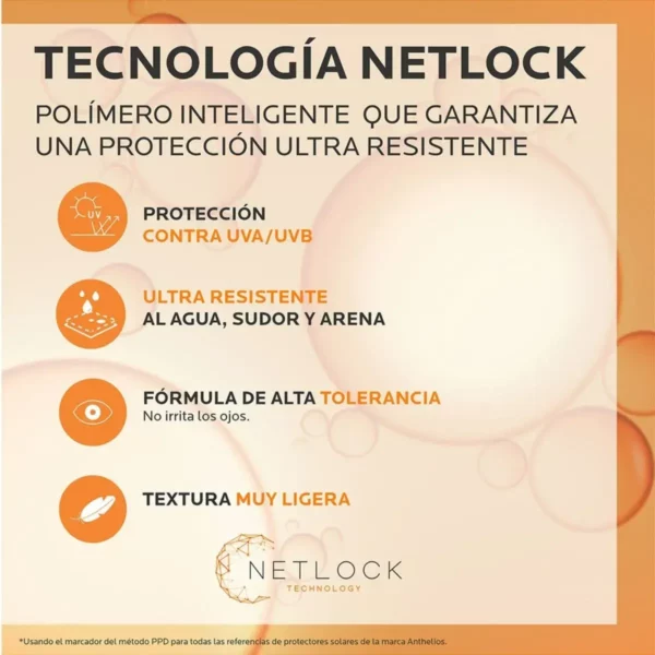 Es la protección UVA más alta de la historia de Anthelios. Protección de amplio espectro que previene los daños ocasionados por la radiación UVA, UVB e infrarroja A y la contaminación. Muy resistente al agua, al sudor y a la arena. No pica en los ojos. Textura ligera, no pegajosa.