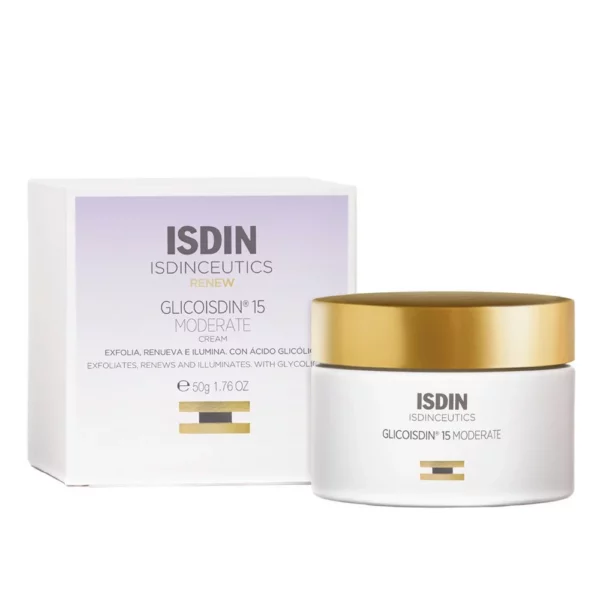 Crema facial con efecto peeling. Crema facial formulada con un 15% de ácido glicólico parcialmente neutralizado (equivalente a 6,1% de ácido glicólico libre) que exfolia la superficie de la piel, ayudando a suavizar su textura y a estimular el proceso de renovación cutánea. 