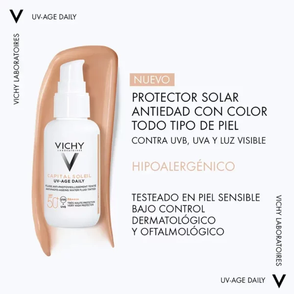 Protección Solar intensa con color para uso diario, proporciona protección muy alta frente a los rayos UVA, UVB SPF 50+ y la luz visible para prevenir la aparición de arrugas y manchas.