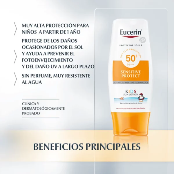 Esta loción no grasa pero resistente al agua protege la piel de los niños de las quemaduras solares y reduce el riesgo de sufrir daño a largo plazo en la piel, inducido por los rayos UV.