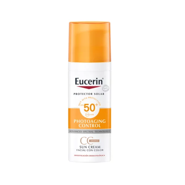 Eucerin Sun Creme Tinted CC Medium FPS 50+ es un protector facial avanzado con pigmentos que brindan un tono de piel bronceado de manera natural y pareja.