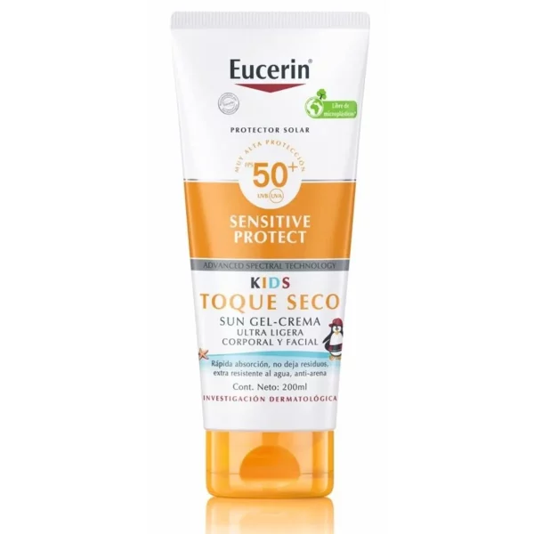 Eucerin Kids Toque Seco FPS 50+ Sun Gel-Crema corporal y facial para niños, con textura ultraligera y protección solar alta