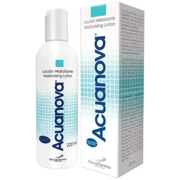 Acuanova Loción hidratante corporal tipo emulsión ligera y texturizada, diseñada para proporcionar una profunda acción hidratante y emoliente.