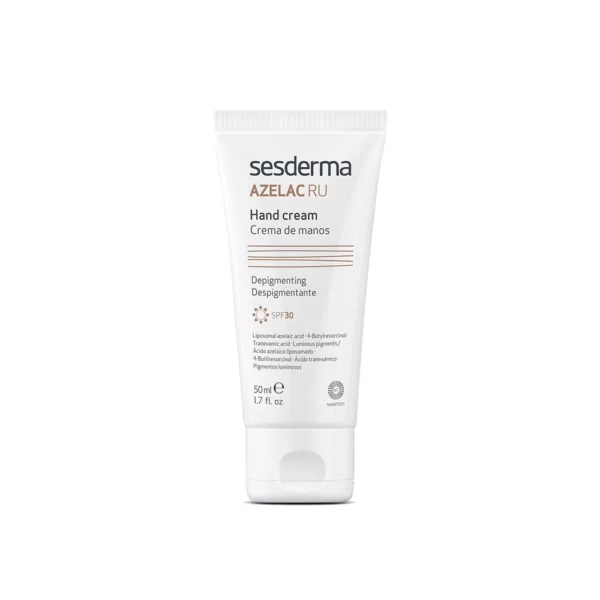 Crema de manos y escote con activos despigmentantes liposomados que mejoran la apariencia de las manchas y homogenizan el tono de la piel.