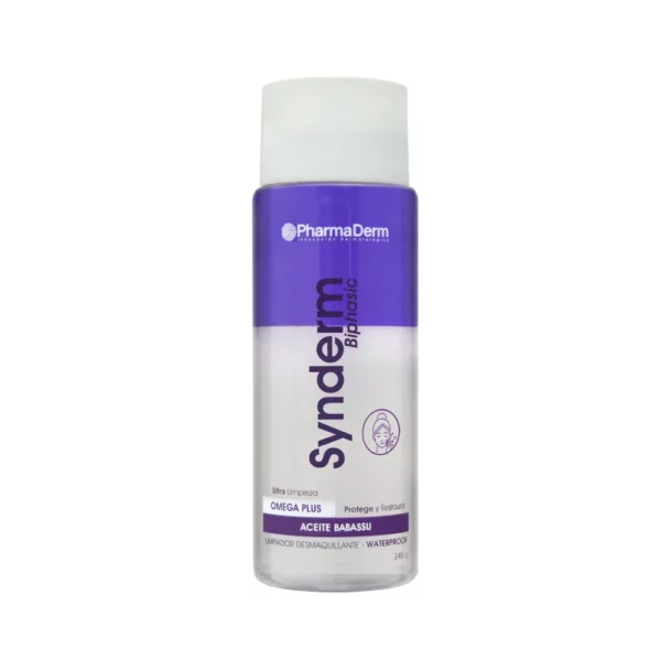 Synderm Biphasic es un limpiador bifásico no oclusivo, que sirve para remover de forma fácil y completa el maquillaje, inclusive del que es a prueba de agua.