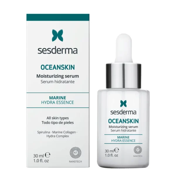 OCEANSKIN Serum hidrata, regenera y recupera la elasticidad natural de la piel gracias a activos como la espirulina, el colágeno marino, la elastina, las algas marinas y el extracto de caviar.