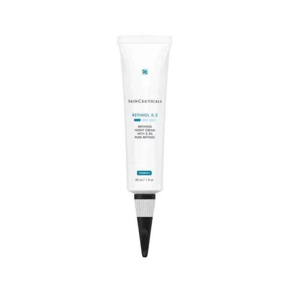 Retinol 0.3 crema de noche es un tratamiento con una alta concentración de retinol puro. Reduce el aspecto de los signos del envejecimiento, como arrugas o manchas.