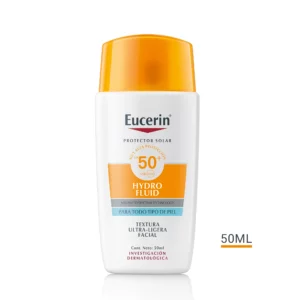 Protector solar facial de amplio espectro con ácido hialurónico que ofrece alta protección contra los rayos UV. Textura ultra ligera, proporciona hidratación.