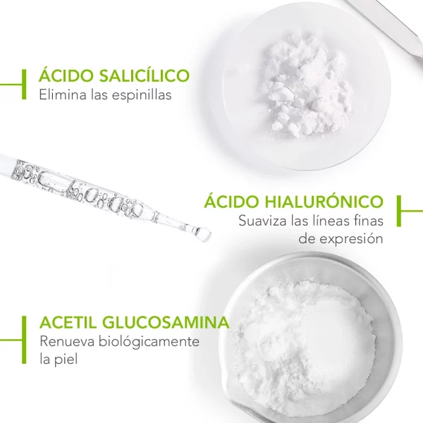 Sérum Bioderma Sébium con ingredientes activos: ácido salicílico, acetil glucosamina y ácido hialurónico.