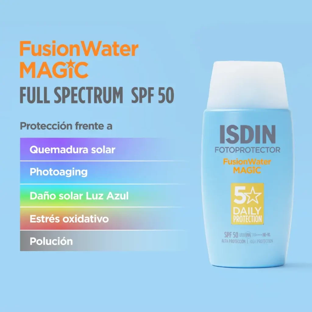 Protector solar ISDIN Fusion Water Magic SPF 50 con protección Full Spectrum frente a quemadura solar, fotoenvejecimiento, luz azul, estrés oxidativo y polución