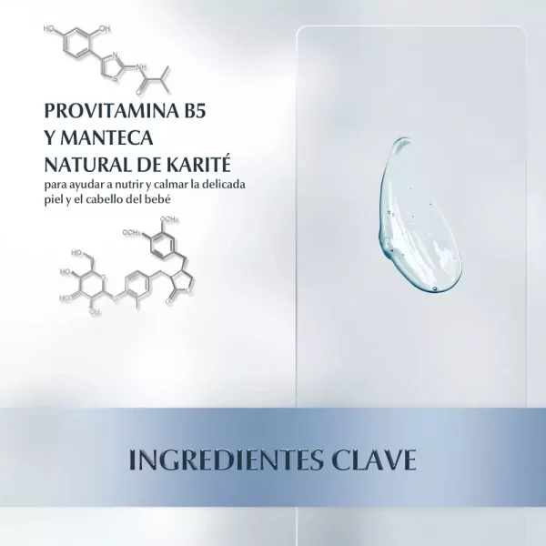 Baño y shampoo para bebés con piel delicada, dermatológicamente probado.