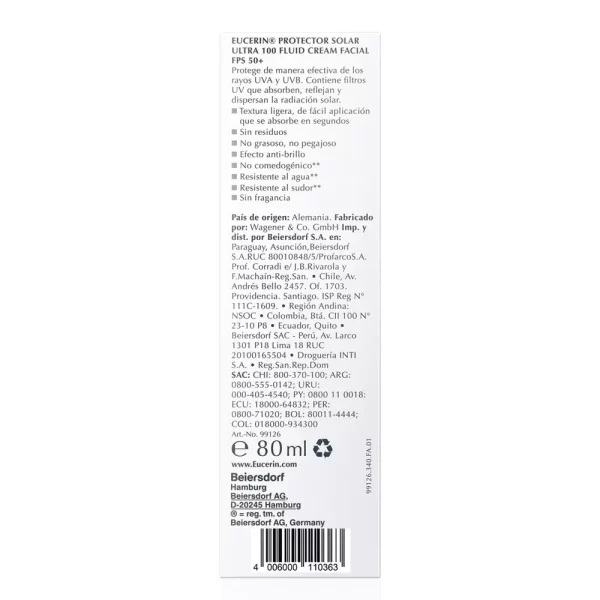 Eucerin Ultra 100 Fluid: protección UVA, UVB y luz visible para piel sensible.