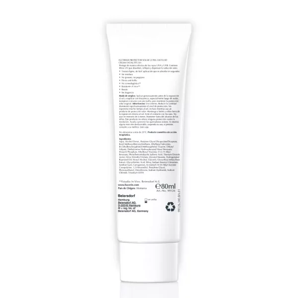 Eucerin Ultra 100 Fluid: protección UVA, UVB y luz visible para piel sensible.