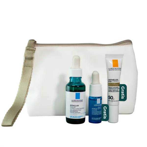 Kit La Roche-Posay con Effaclar Sérum, Hyalu B5 Sérum y Anthelios Age Correct SPF 50+, ideal para cuidar tu piel con limpieza, hidratación y protección solar, presentado en un práctico estuche blanco