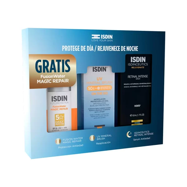 Kit ISDIN Día & Noche | Fusion Water Magic + UV Mineral Brush + Retinal Intense