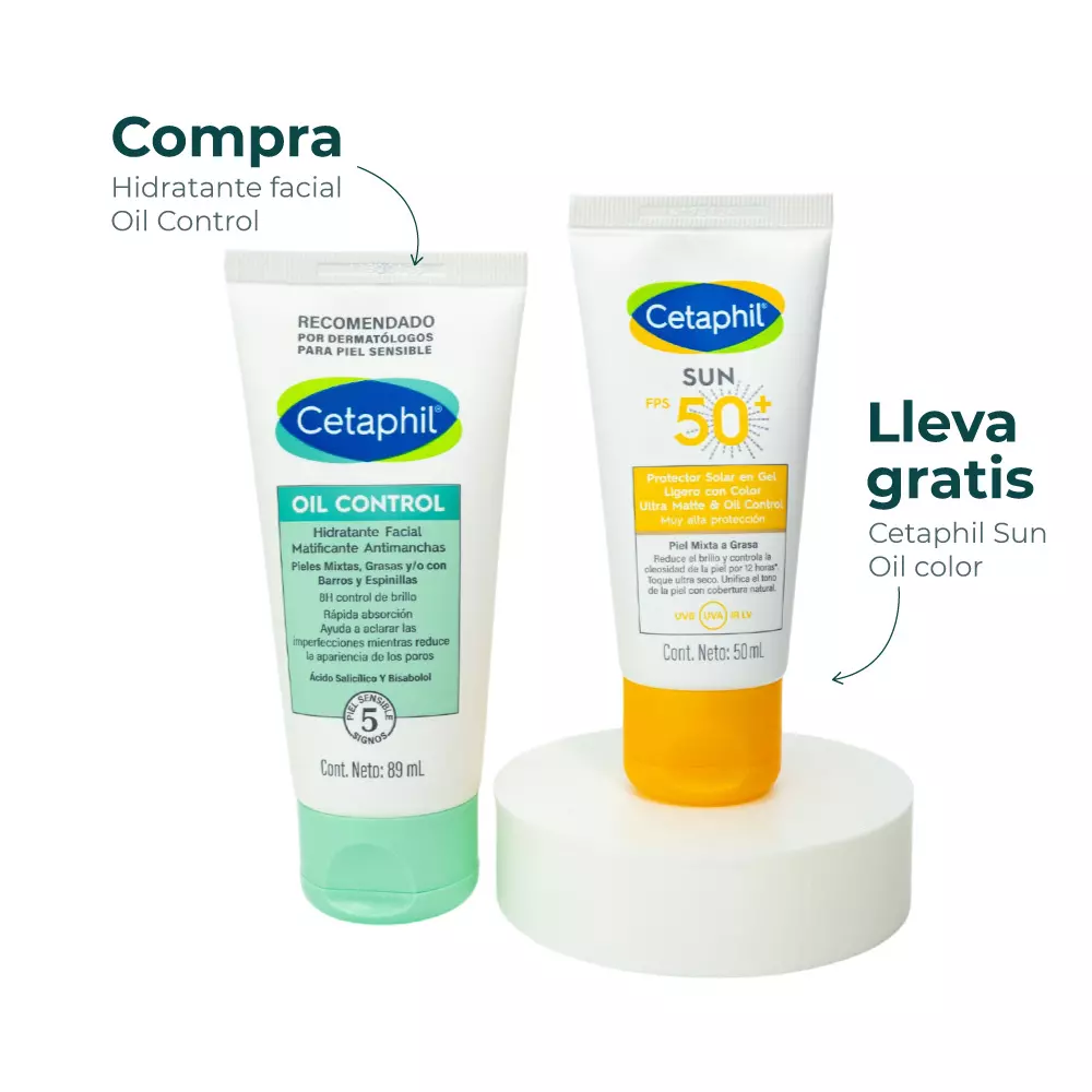 Kit cuidado facial para piel grasa Cetaphil: hidratante Oil Control 89 ml + protector solar con color FPS 50+ 50 ml