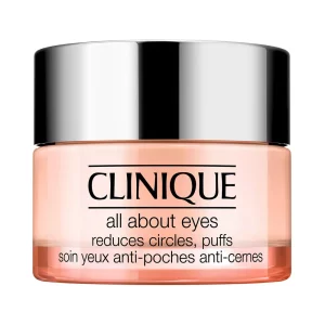 Contorno de ojos Clinique All About Eyes 15 ml en tarro, crema ligera que reduce bolsas y ojeras con efecto hidratante para todo tipo de piel