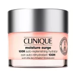 Hidratante facial Clinique Moisture Surge 100H auto-replenishing hydrator con aloe vera bio-fermentado en envase rosa con tapa plateada