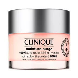 Hidratante facial Clinique Moisture Surge 100H auto-replenishing hydrator con aloe vera bio-fermentado en envase rosa con tapa plateada