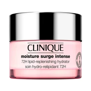 Hidratante facial Moisture Surge Intense 72H de Clinique, envase rosado con tapa plateada, para piel seca.