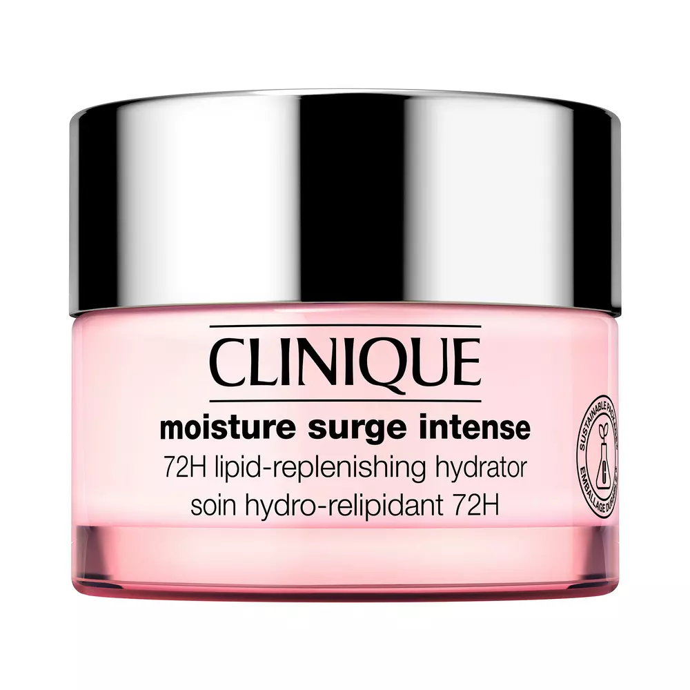 Hidratante facial Moisture Surge Intense 72H de Clinique, envase rosado con tapa plateada, para piel seca.