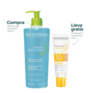 Kit Bioderma para piel grasa y mixta que incluye el limpiador facial Sébium Gel Moussant 500 ml y el protector solar Photoderm Aquafluide SPF50+ Clair 40 ml gratis