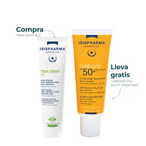Kit Isispharma con Teen Derm A.Z y protector solar Uveblock SPF50+ Dry Touch, diseñado para piel grasa y con imperfecciones visibles.