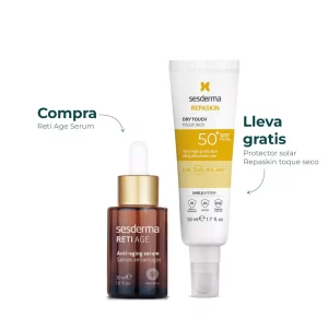 Kit de cuidado antiedad de Sesderma con Reti Age Sérum de 30 ml y protector solar Repaskin Toque Seco SPF50+ de 50 ml gratis, diseñado para proteger la piel del sol y combatir los signos del envejecimiento