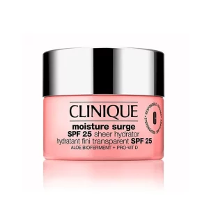 Tarro de crema hidratante facial Clinique Moisture Surge SPF 25 Sheer Hydrator con aloe biofermento y pro-vitamina D.