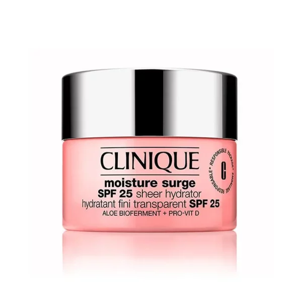 Tarro de crema hidratante facial Clinique Moisture Surge SPF 25 Sheer Hydrator con aloe biofermento y pro-vitamina D.