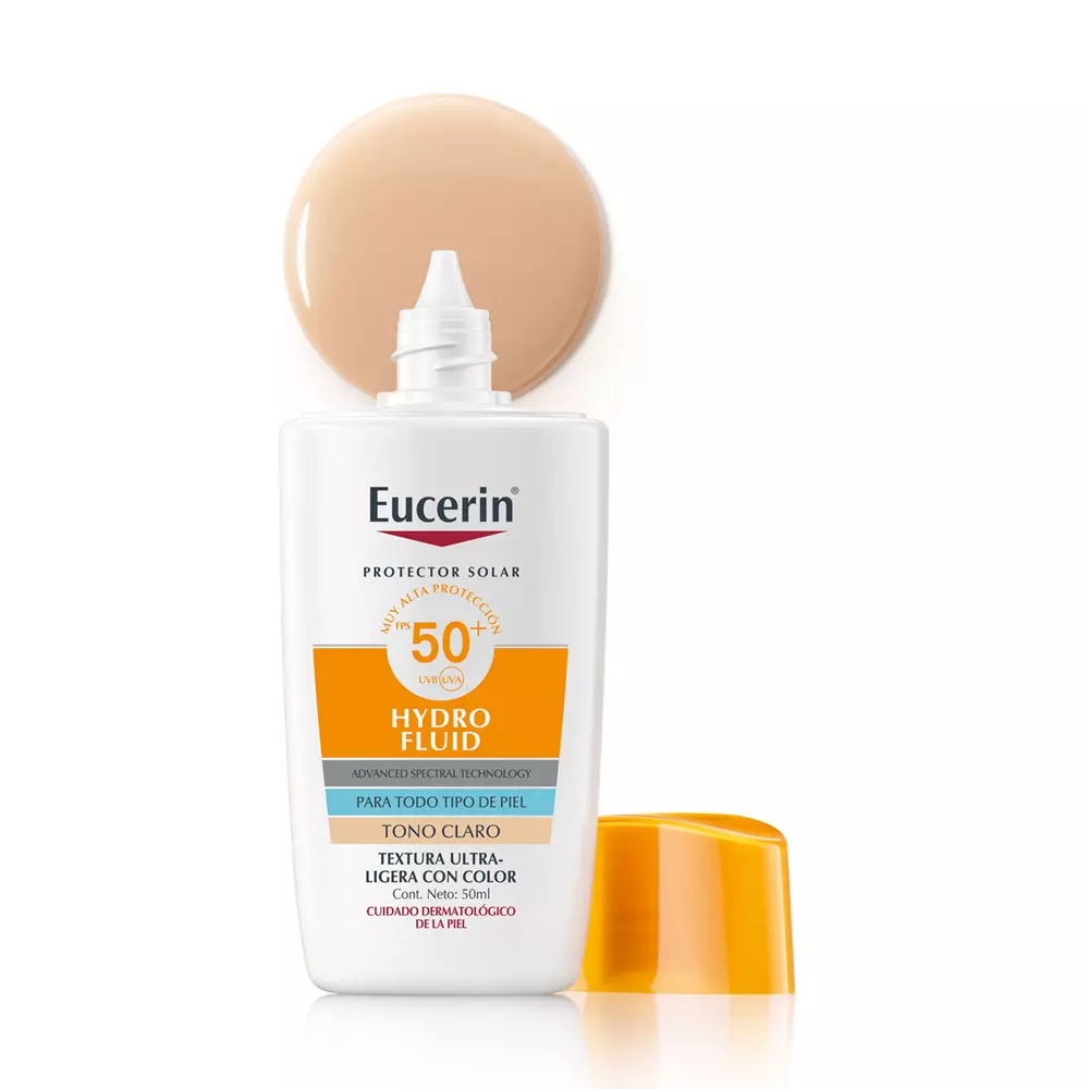 frasco de bloqueador solar facial Eucerin Hydro Fluid Textura Ultra-Ligera FPS50+ de 50 ml para tonos claros