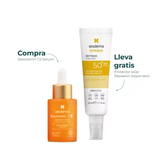 Kit facial de Sesderma con Sesvitamin C5 Serum antioxidante y protector solar Repaskin Toque Seco SPF50+ de regalo, ideal para proteger e iluminar la piel diariamente.