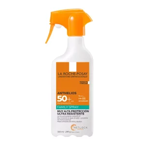 Frasco en spray del protector solar La Roche-Posay Anthelios Family Spray SPF 50+ de 300 ml, con dispensador naranja y etiqueta blanca.