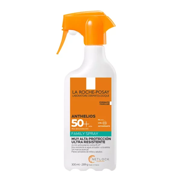 Frasco en spray del protector solar La Roche-Posay Anthelios Family Spray SPF 50+ de 300 ml, con dispensador naranja y etiqueta blanca.