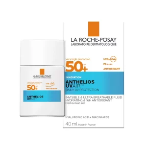 Frasco del protector solar facial La Roche-Posay Anthelios UVAIR SPF 50+ de 50 ml, con diseño blanco y detalles en azul y naranja.