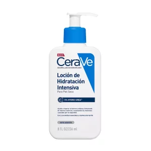 Frasco de la Loción Hidratante Intensiva CeraVe de 236 ml, con dispensador azul y etiqueta blanca, diseñado para piel seca